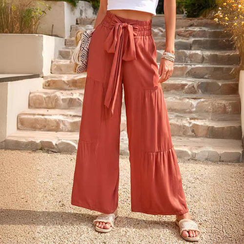 Damen Weite Palazzo-Hose mit elegantem Bindegürtel und Rüschendetails EB