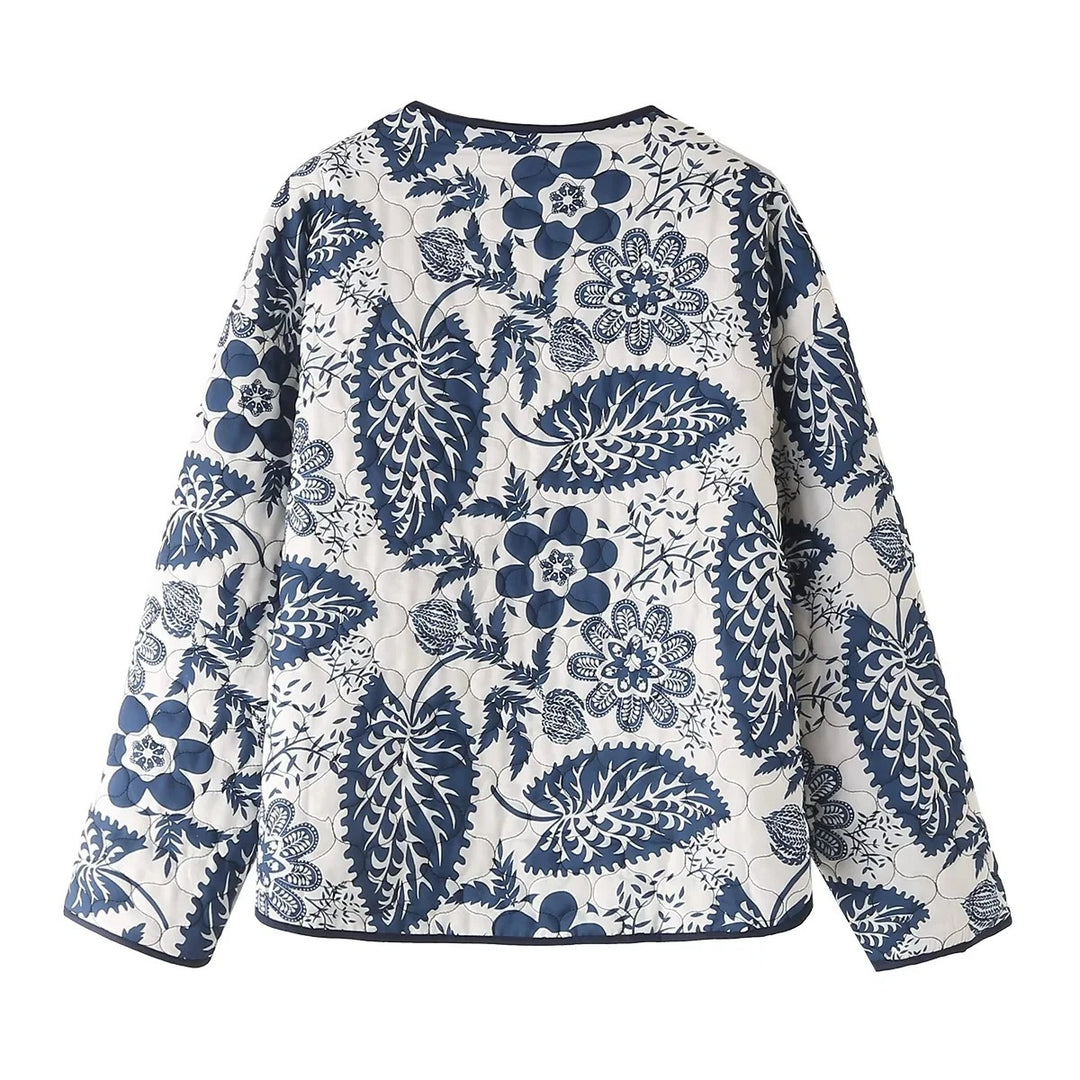Damen gestepptes Blumenjacke mit innovativen Tasche und Rundhals EB