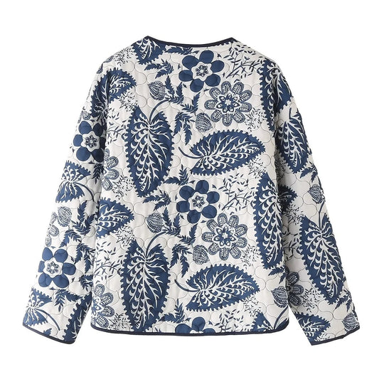 Damen gestepptes Blumenjacke mit innovativen Tasche und Rundhals EB