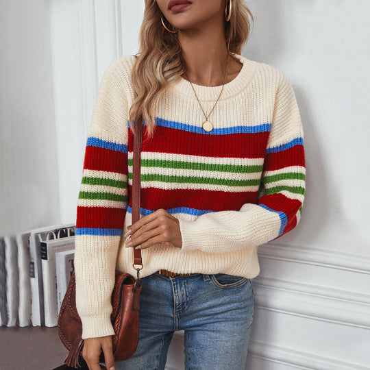 Damen lockerer Strickpullover mit buntem Blockstreifen und Rundhalsausschnitt EB