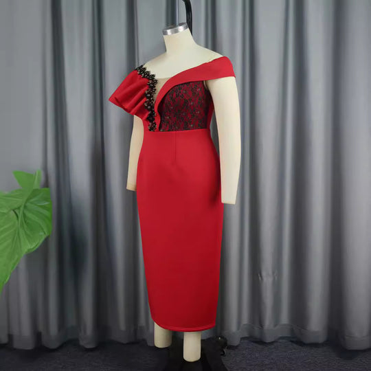 Damen elegantes Kleid mit asymmetrischem Schnitt und floralen Akzenten EB