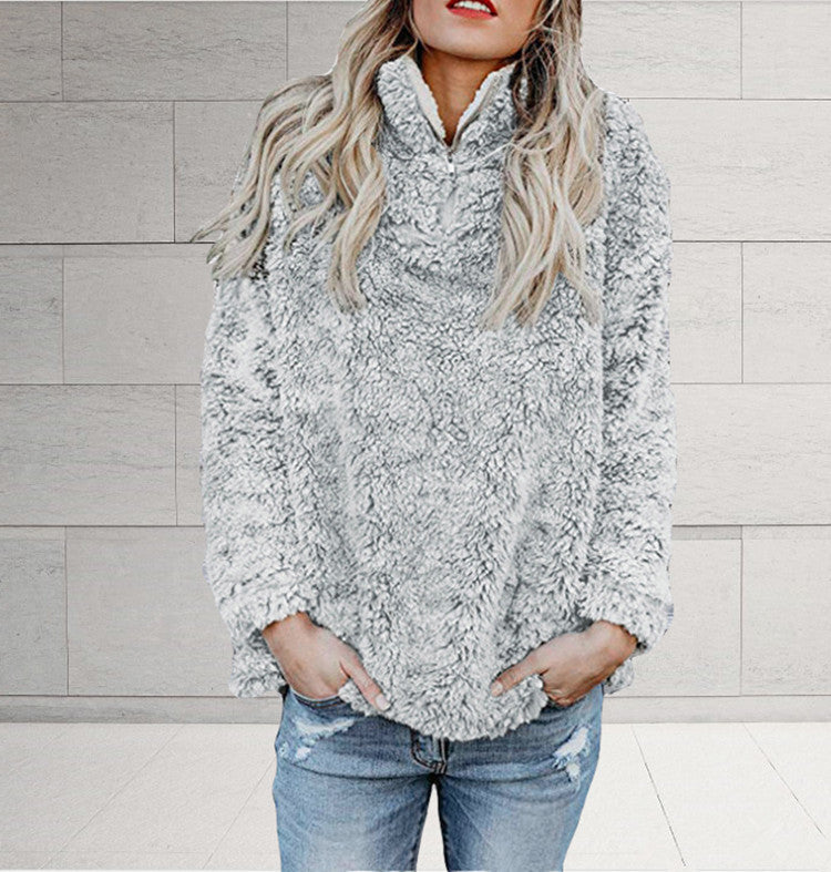 Damen Flauschige Fleece-Pulloverjacke mit hohem Kragen und Reißverschluss EB