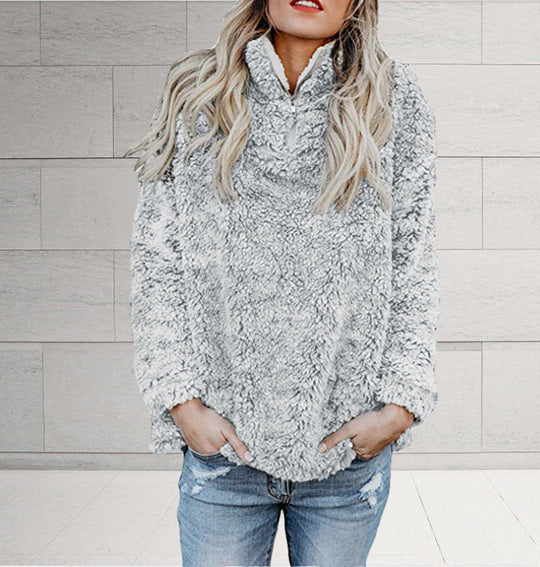Damen Flauschige Fleece-Pulloverjacke mit hohem Kragen und Reißverschluss EB