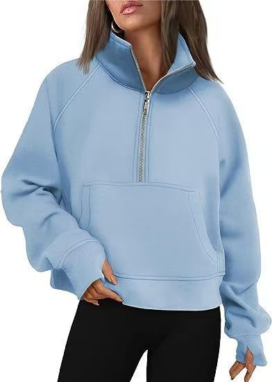 Damen nan oversized Halbzip Pullover mit Kängurutasche, Daumenlöchern und hohem Kragen EB