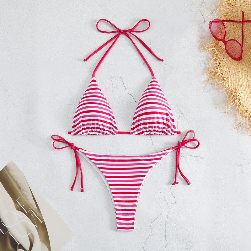 Damen Triangel-Bikini mit verstellbaren Bindebändern und kontrastierenden Streifen EB