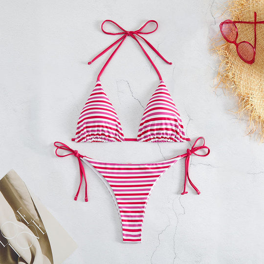 Damen Triangel-Bikini mit verstellbaren Bindebändern und kontrastierenden Streifen EB