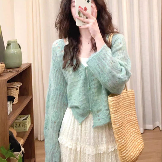 Damen luftiger Strickcardigan mit feiner Lochmusterstruktur und weitem Schnitt EB