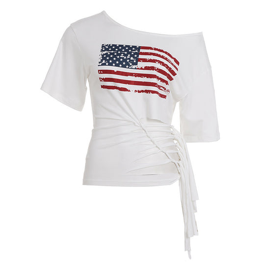 Damen Crop-Top mit Flaggenmotiv und raffinierten Fransen EB