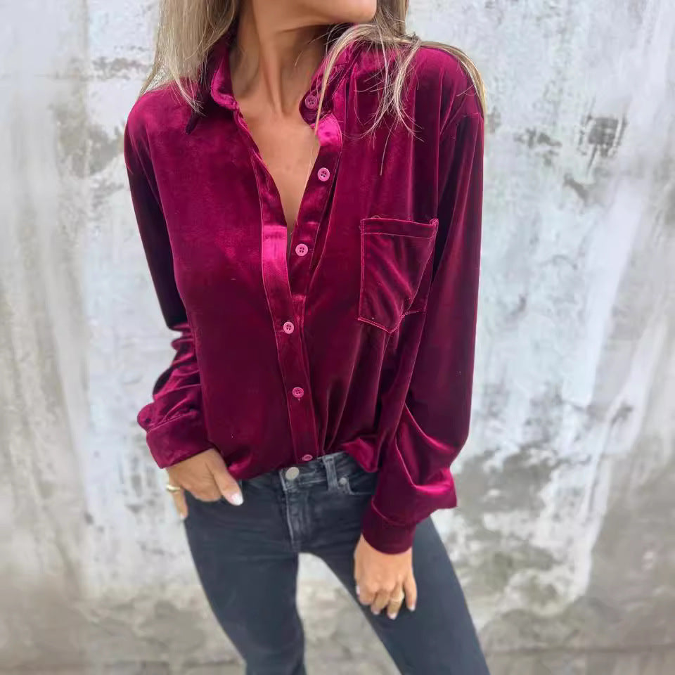 Damen Elegante Veloursbluse mit Brusttasche EB