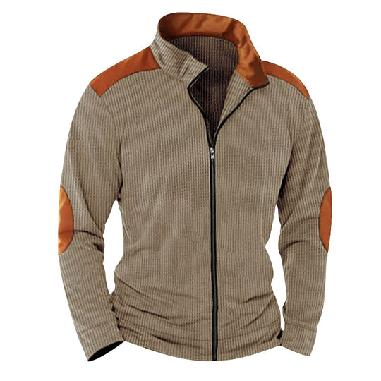Herren nan strukturierte Strick‑Hybridjacke mit Stehkragen Kontrasteinsätzen und Ellbogenpatches EB