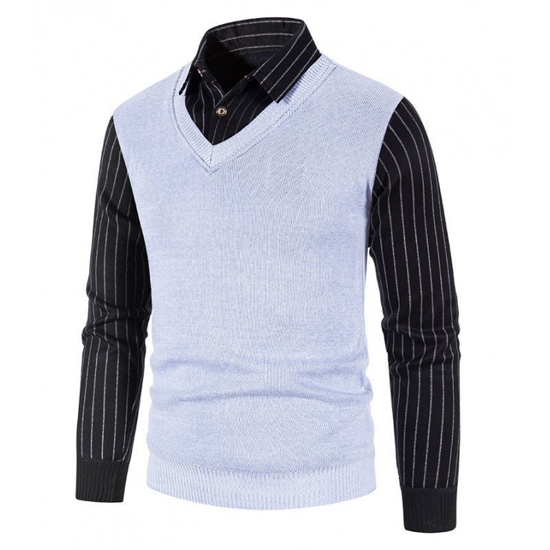 Herren Strickpullover mit V-Ausschnitt und kontrastierenden Ärmeln EB