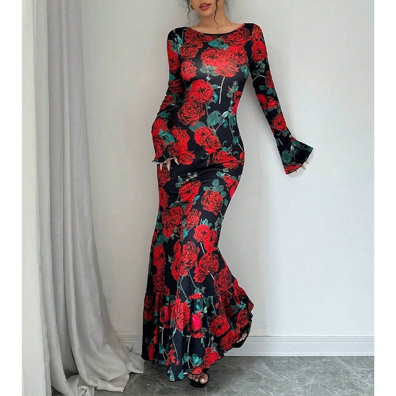 Damen nan eng anliegendes Maxikleid mit Meerjungfrauen-Schnitt, langen Glockenärmeln und Rüschensaum EB