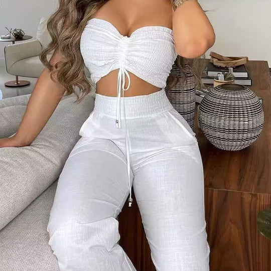 Damen Zweiteiliges Outfit aus leichtem Material mit verstellbarem Crop-Top und High-Waist-Hose EB