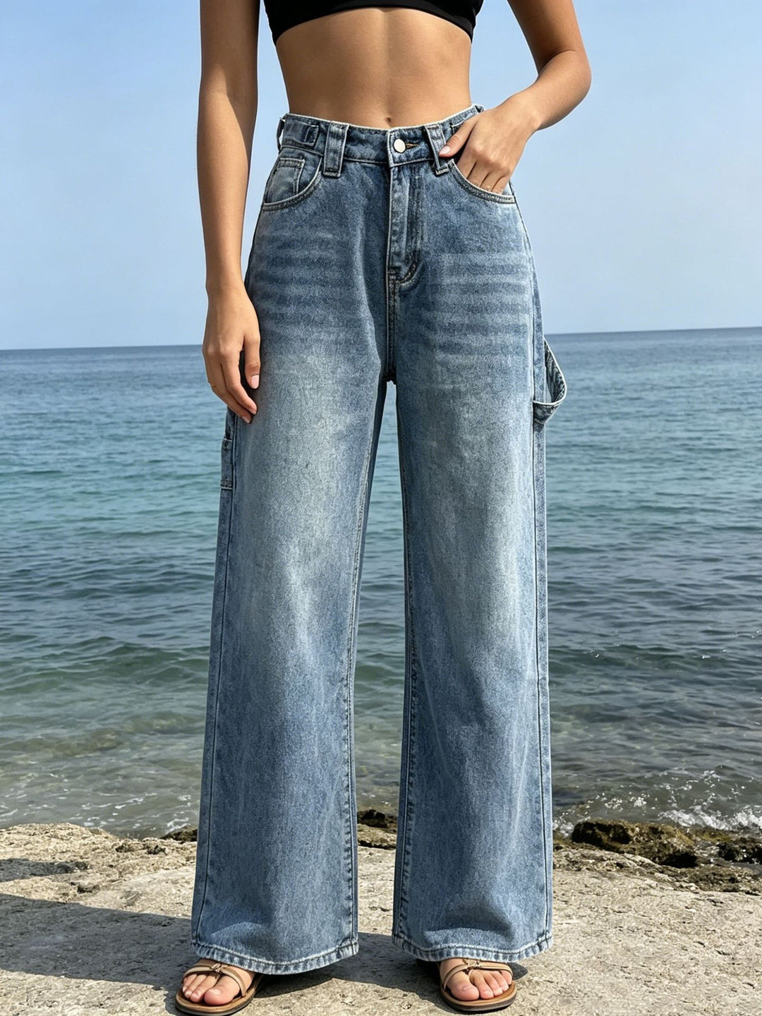 Damen nan weite High‑Waist Carpenter-Denimhose mit Utility-Seitentasche und ausgestelltem Bein EB