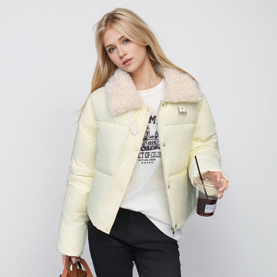 Damen kurze, gefütterte Winterjacke mit elegantem Kunstfellkragen EB