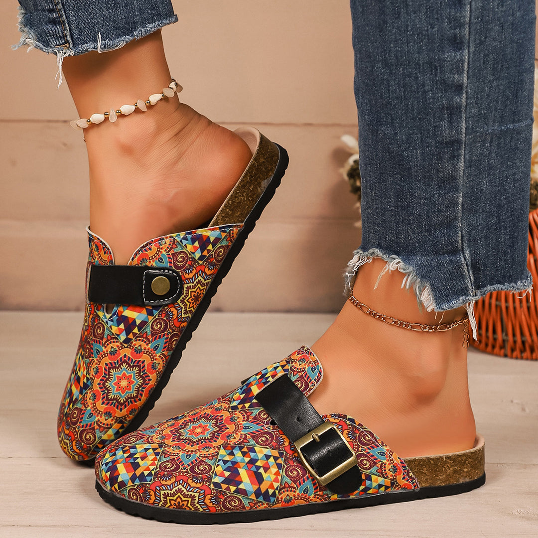 Damen Pantoletten mit farbenfrohem Muster und komfortablem Fußbett EB