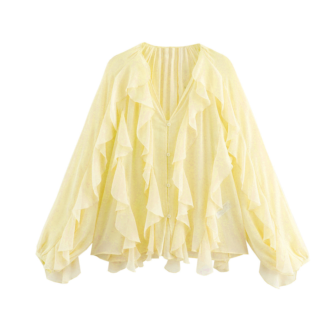 Damen nan feminine Chiffon-Volantbluse mit Ballonärmeln und V-Ausschnitt EB