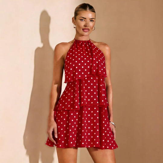 Damen Rüschensommerkleid mit gepunktetem Design und zauberhaftem Ausschnitt EB