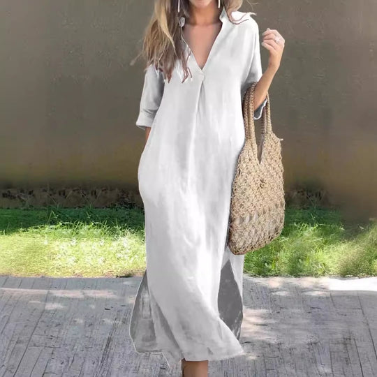 Damen lässiges Maxi-Kleid mit V-Ausschnitt EB