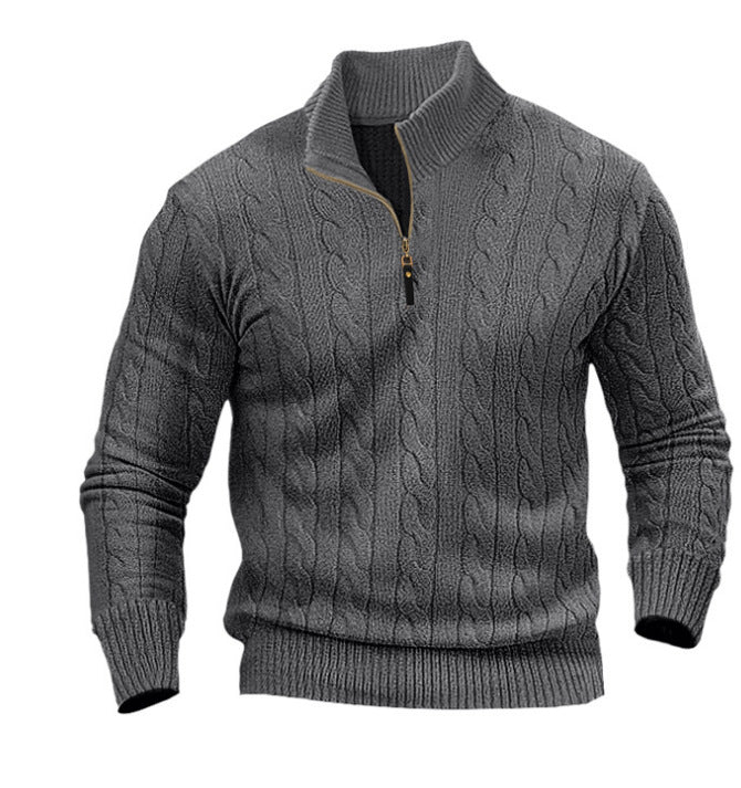 Herren stylischer Strickpullover mit halb offenem Kragen und Zopfmuster EB