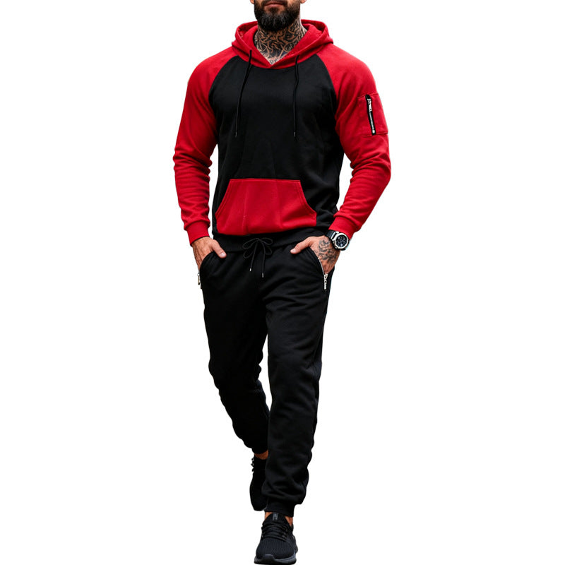 Herren nan zweiteiliges Kapuzen-Sweatset mit Raglanärmeln, Ärmel-Zip-Tasche und tapered Jogginghose EB