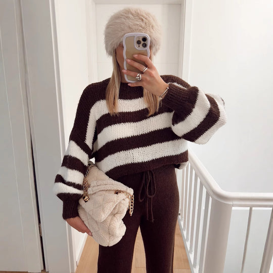 Damen modischer Cropped Pullover mit einzigartigem Streifenmuster und weit geschnittenen Ärmeln EB