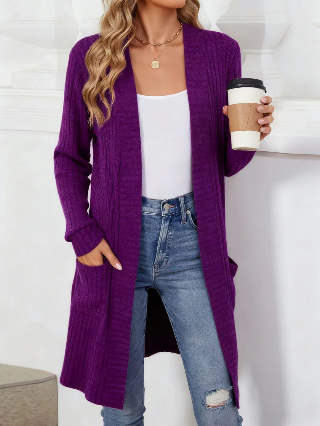 Damen Longcardigan aus geripptem Chenille mit aufgesetzten Taschen EB