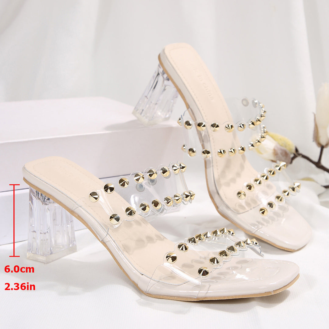 Damen Glamouröse Sandalen mit transparenten Riemen und goldenen Nieten EB