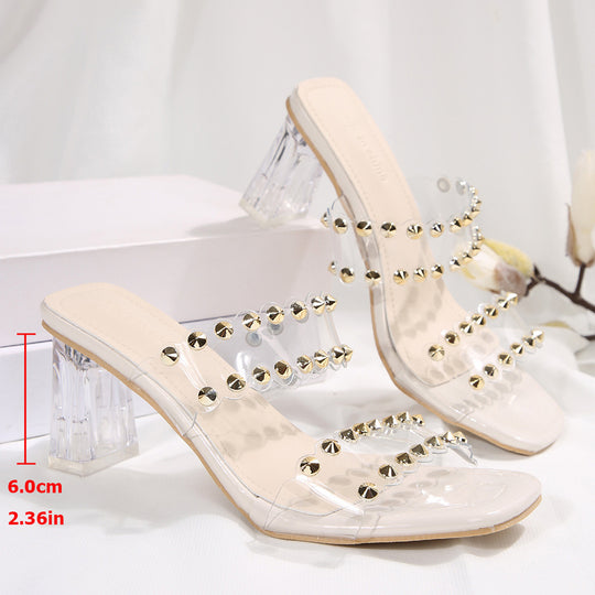 Damen Glamouröse Sandalen mit transparenten Riemen und goldenen Nieten EB