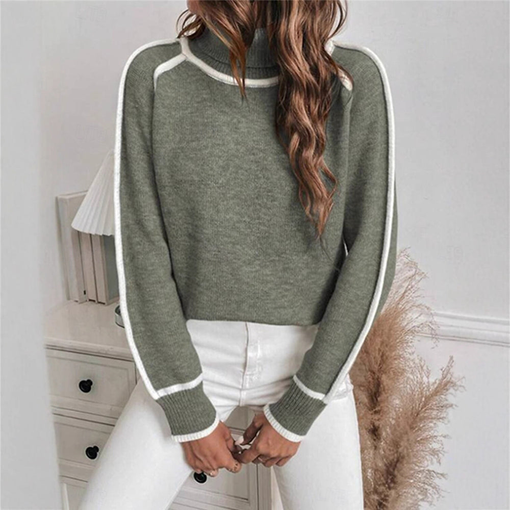 Damen Eleganter Rollkragenpullover mit Strukturierter Strickoberfläche und Farblich Abgesetzten Akzenten EB