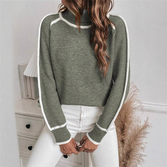 Damen Eleganter Rollkragenpullover mit Strukturierter Strickoberfläche und Farblich Abgesetzten Akzenten EB