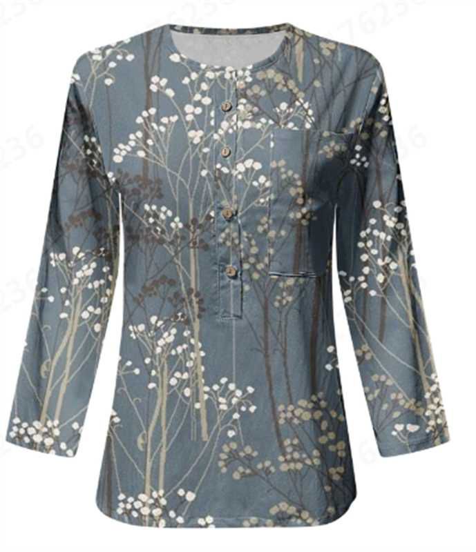 Damen Lange Ärmel Bluse mit Knopfleiste und Blumenmuster EB