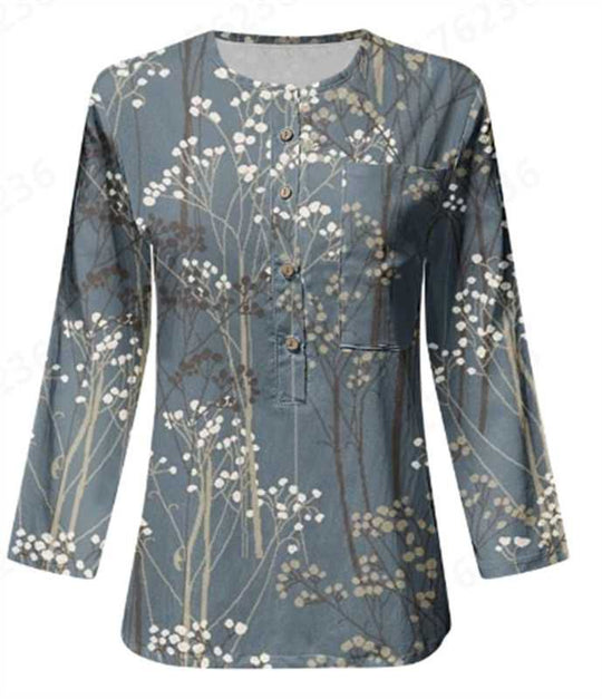 Damen Lange Ärmel Bluse mit Knopfleiste und Blumenmuster EB