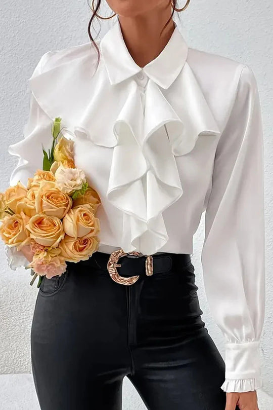Damen Elegante Rüschenbluse mit Volants, Hemdkragen und Manschetten EB