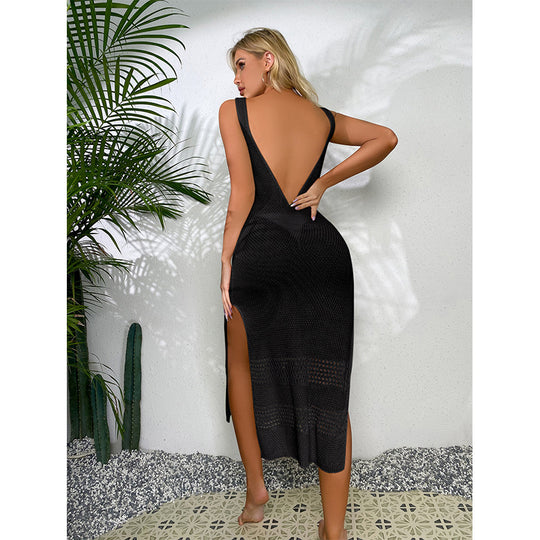 Damen Häkel-Midi-Kleid mit sexy seitlichen Schlitzen und raffiniertem Netzdesign EB