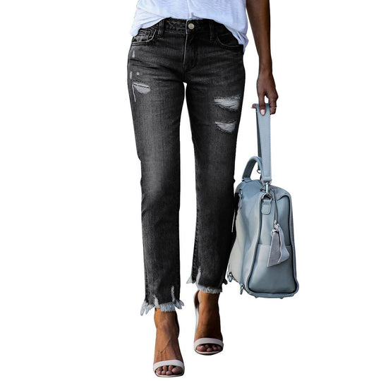 Damen Vintage Slim-Fit Jeans mit fransigem Saum und modischen Rissen EB
