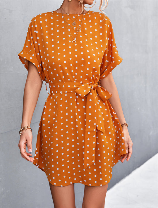Damen Freizeitkleid mit modischem Punkte-Muster und Taillengürtel EB