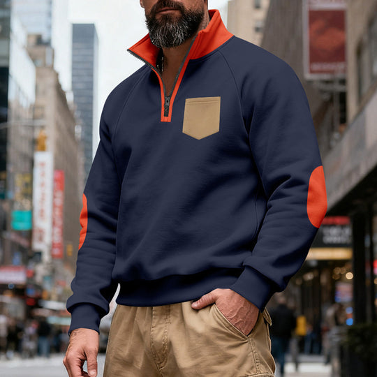 Herren nan Quarterzip-Sweatshirt mit Stehkragen, kontrastiertem Reißverschluss, Ellbogenpatches und Brusttasche EB