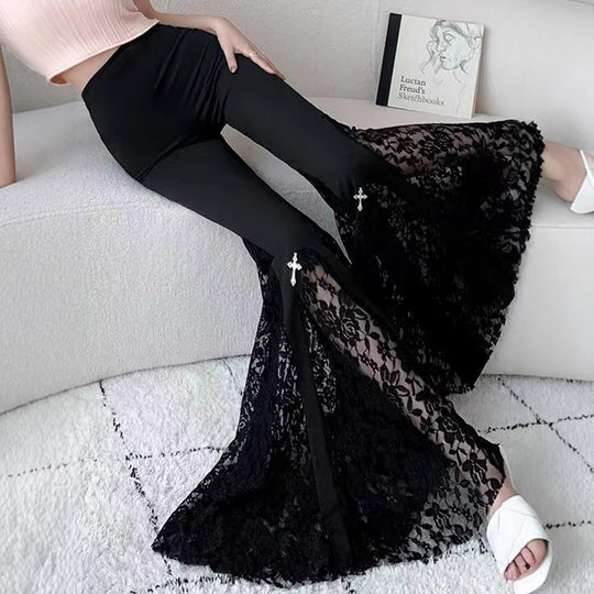 Damen Elegante Schlaghose mit Spitzenapplikationen EB
