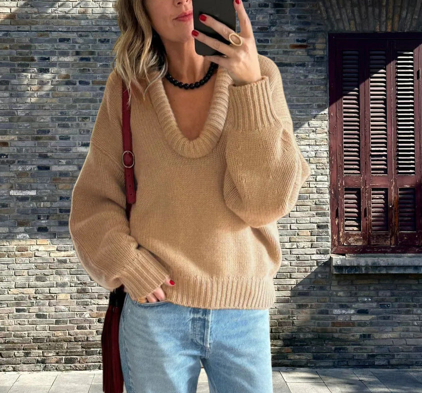 Damen Strickpullover mit V-Ausschnitt und lässigem Schnitt EB