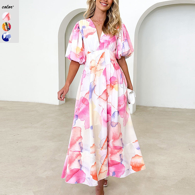 Damen Maxikleid mit buntem floralen Design und lässigen Puffärmeln EB