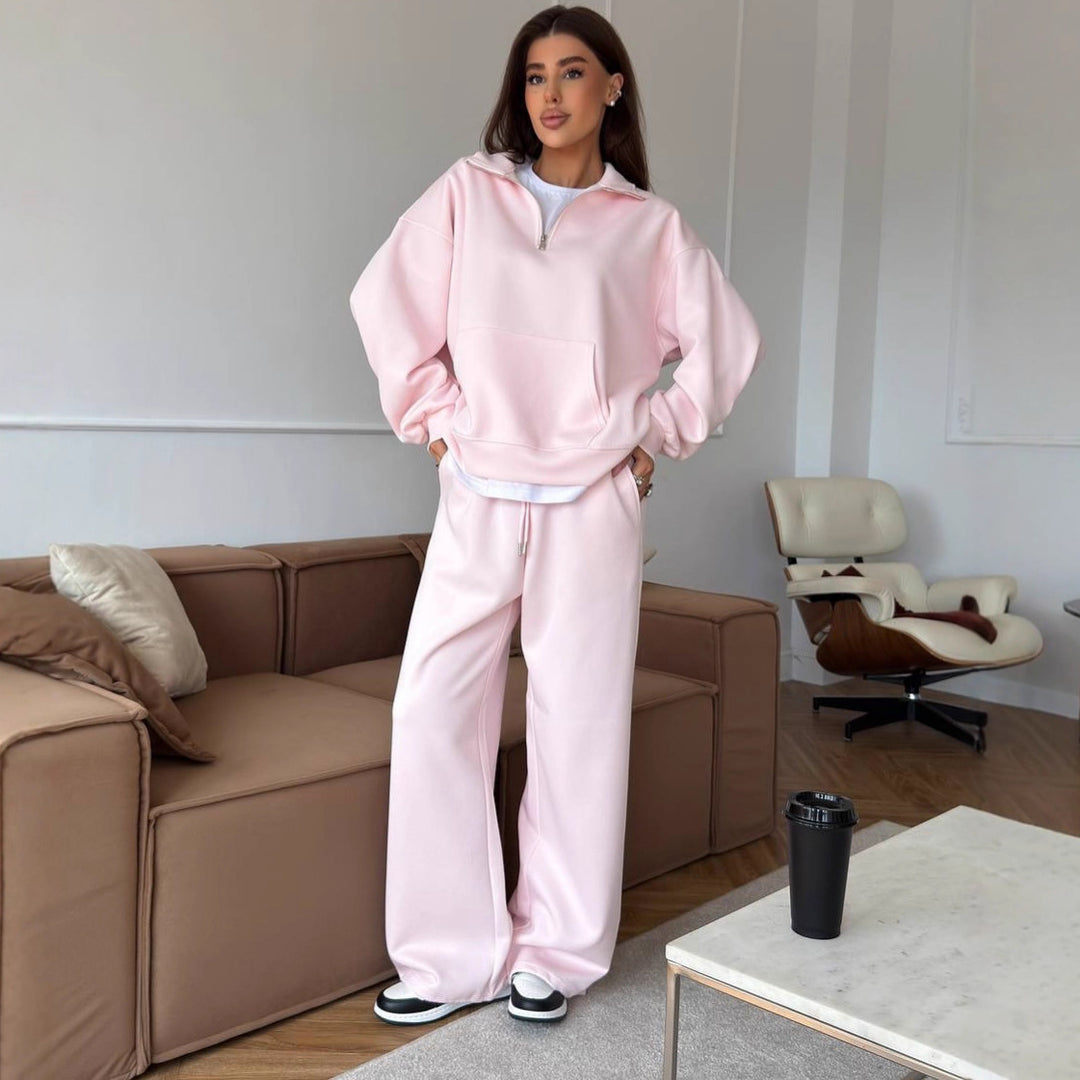 Damen nan weites Halfzip-Lounge-Set mit Kapuzenpullover, Kängurutasche und fließender Wide-Leg-Hose EB