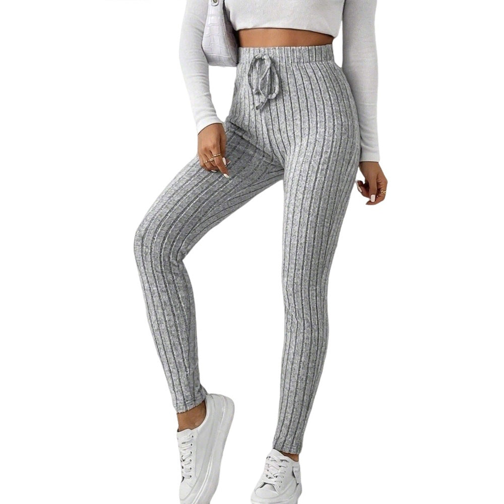 Damen gerippte Highwaist-Stricklegging mit Tunnelzug, elastischer Bund und figurbetonter Skinny-Passform Eichborn Berlin