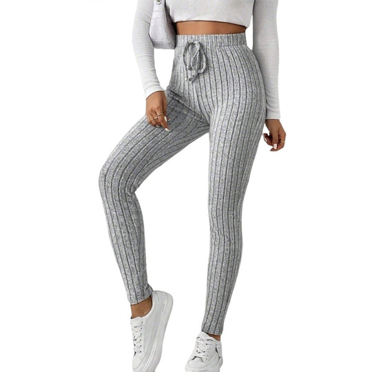 Damen gerippte Highwaist-Stricklegging mit Tunnelzug, elastischer Bund und figurbetonter Skinny-Passform Eichborn Berlin