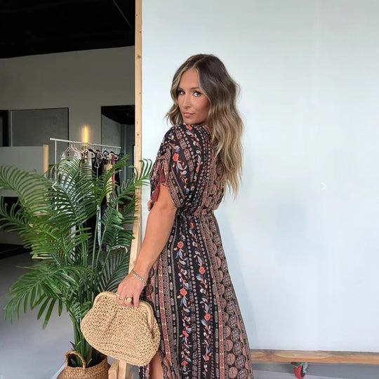 Damen elegantes Maxikleid mit modischem Print und V-Ausschnitt EB