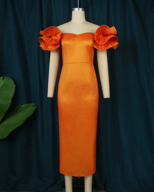 Damen figurbetontes Abendkleid mit voluminösen Rüschenträgern EB