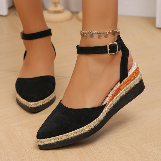 Damen nan geschlossene Velours-Espadrille mit Keilplattform, verstellbarem Knöchelriemen und geflochtenem Bastrand EB