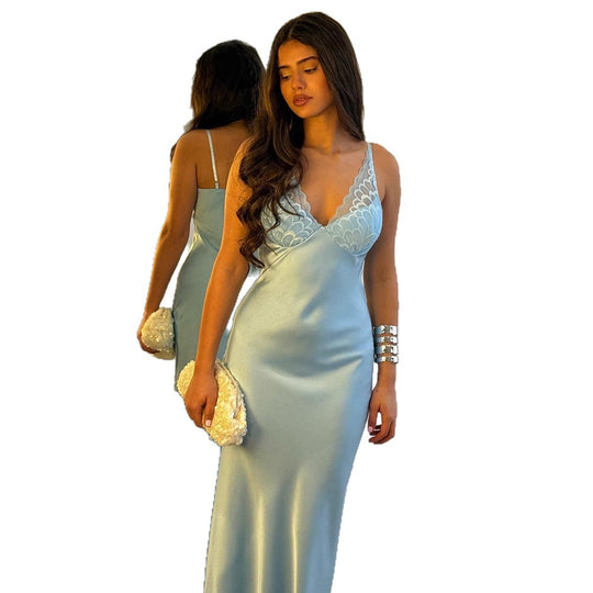 Damen Elegantes Seiden-Maxikleid mit Spitzenverzierung EB