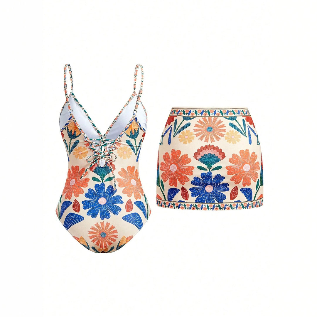 Damen Blumenmuster Badeanzug mit passendem Rock EB
