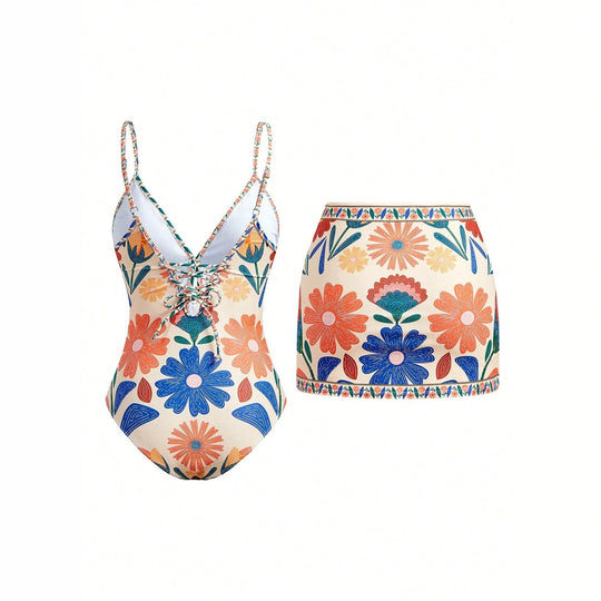 Damen Blumenmuster Badeanzug mit passendem Rock EB